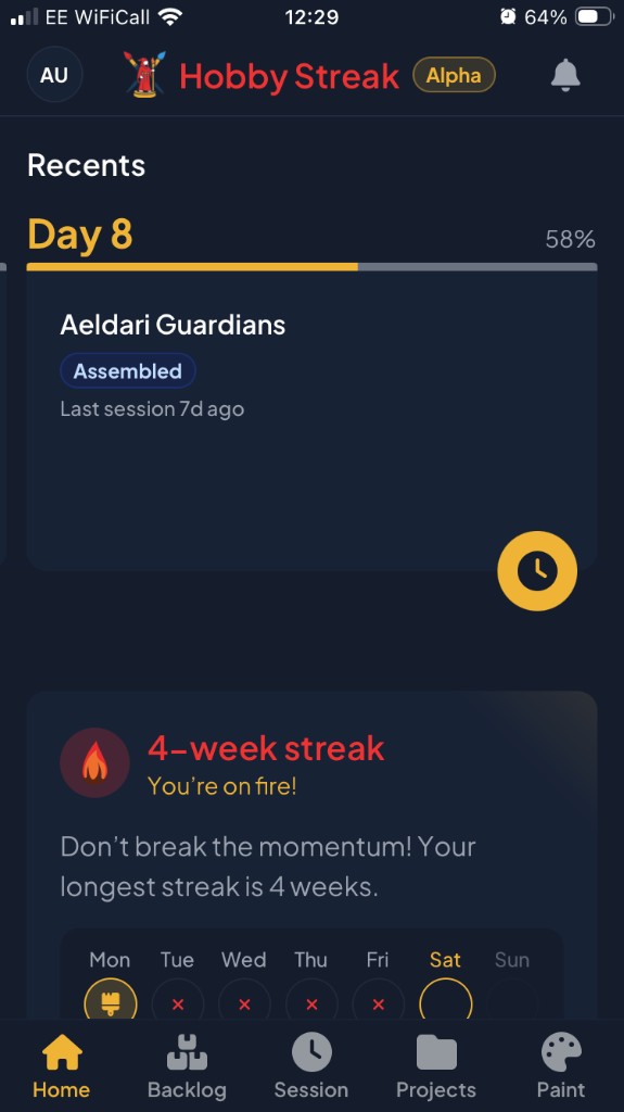 Hobby Streak home screen with a 4-week painting streak